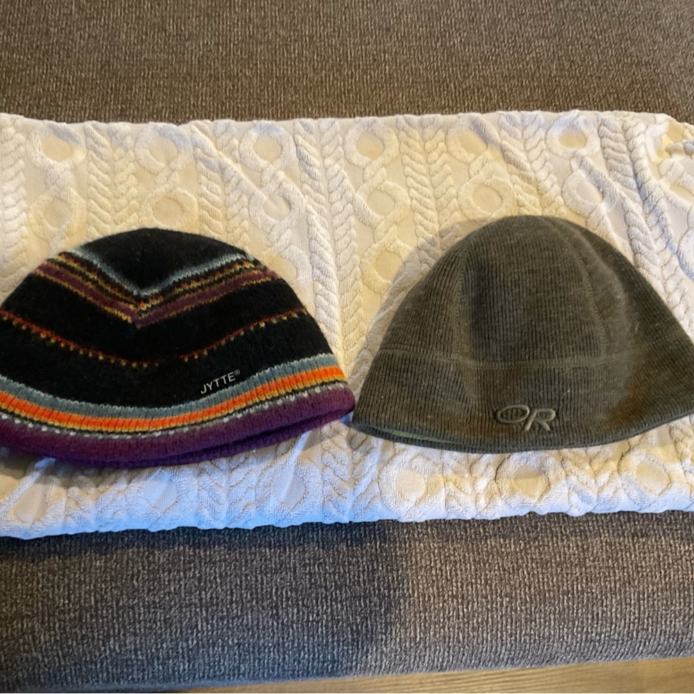 Striped Knit Beanie and Gray Beanie Set